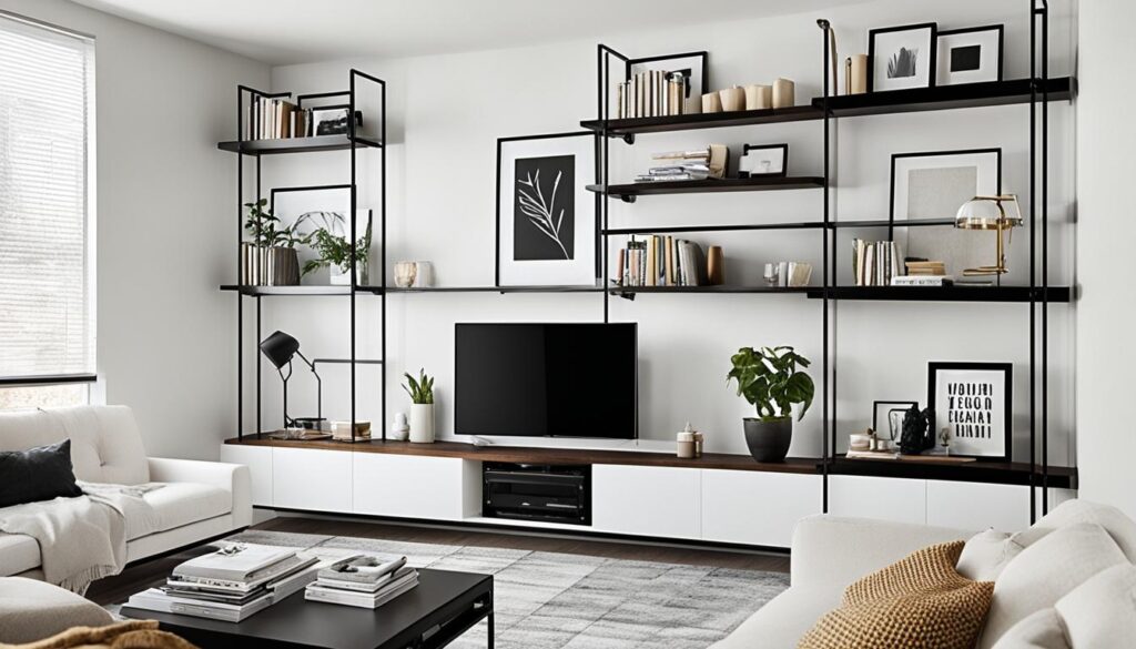 Vertical storage solutions using floating shelves and tall bookcases