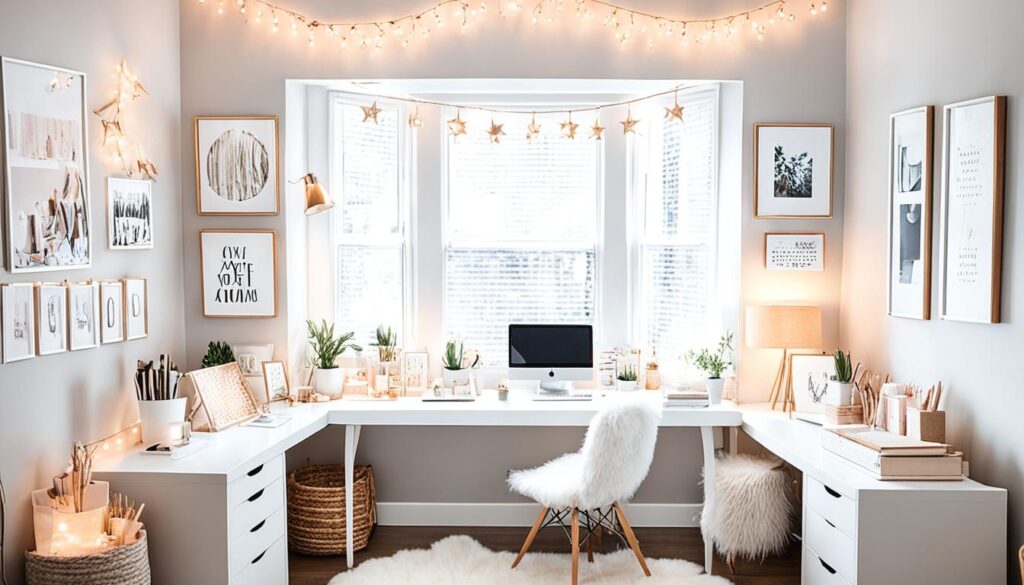 Zoella home office with string lights and unique desk setup