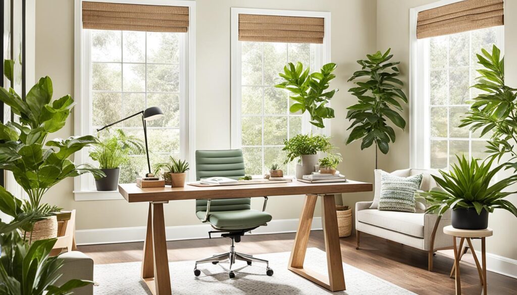 relaxing home office with natural light and plants