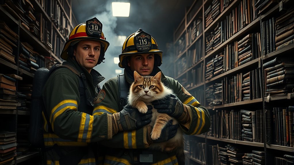 firefighters rescue library cat
