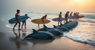 surfers rescue stranded dolphins