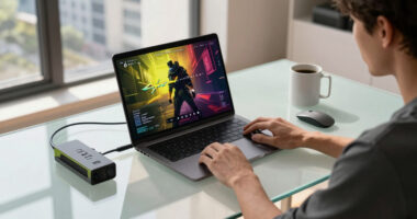 M5 Max MacBook Pro paired with RTX 5090 in an eGPU dock — runs Cyberpunk 2077 at over 100 FPS at max settings with frame generation