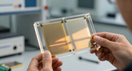 Russia’s Mikron is selling framed test wafers with up to 120,000 processors as souvenirs — 12 designs, priced around $170 each, sold alongside $2 vials of cleanroom air