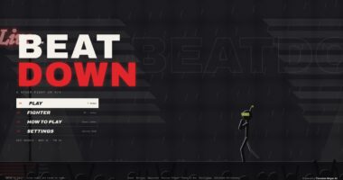 BEATDOWN title in film-noir style, a stick-figure producer silhouetted against rain and a red neon sign